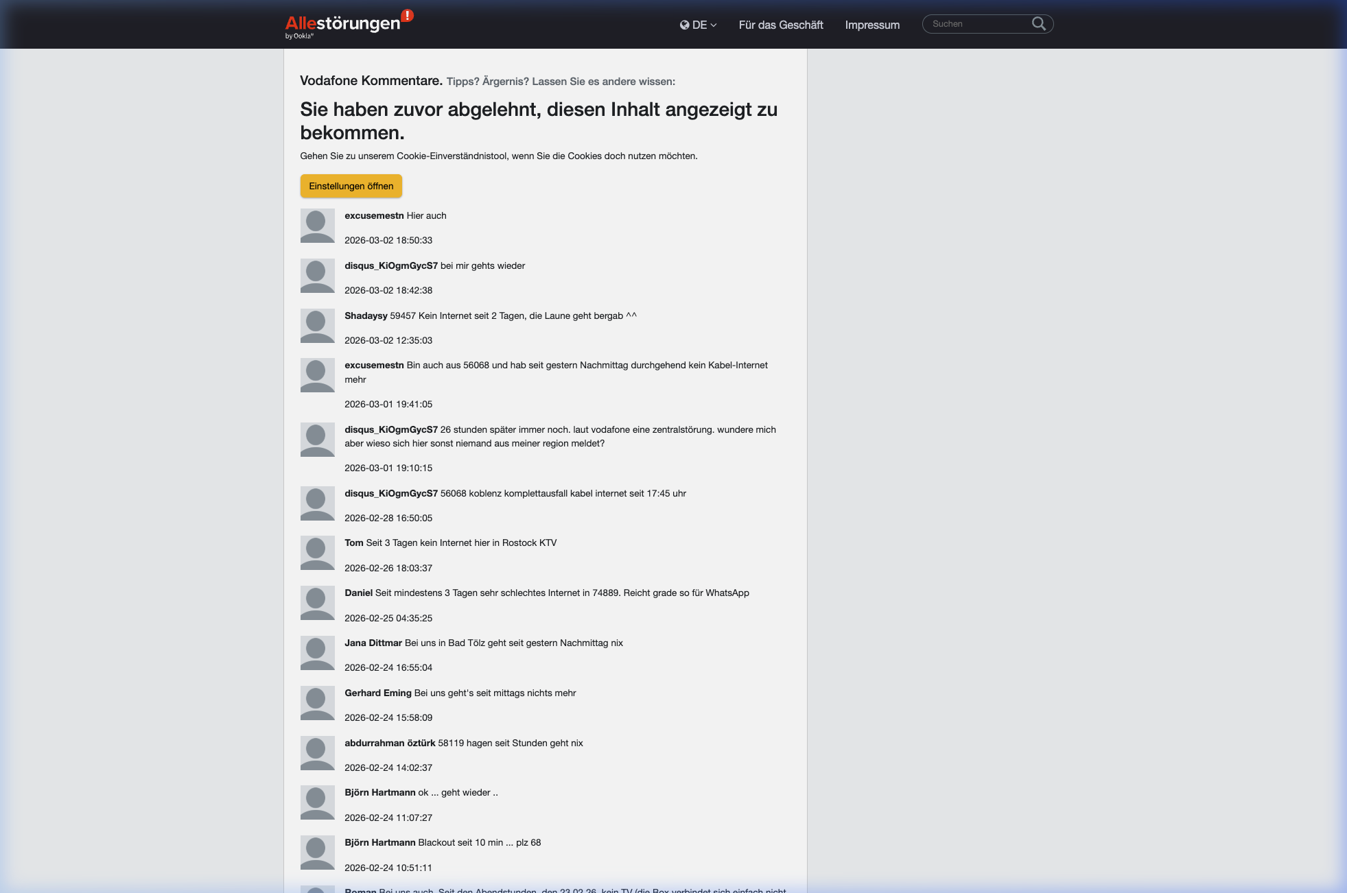 User comments confirm multi-day outage